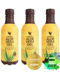 Three bottles of Forever Living Aloe Vera Gel, gold and silver award winners, emphasizing its purity and organic ingredients.