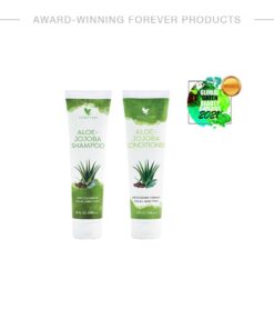 A product photo of the Forever Aloe-Jojoba Shampoo and Conditioner hair care bundle, with each white and green bottle showcasing an aloe plant graphic. The image includes a "Global Green Beauty Awards 2021 Winner" badge.