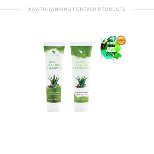 A product photo of the Forever Aloe-Jojoba Shampoo and Conditioner hair care bundle, with each white and green bottle showcasing an aloe plant graphic. The image includes a "Global Green Beauty Awards 2021 Winner" badge.
