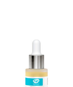 A product photo of Green People's Anti Ageing Facial Oil in a clear dropper bottle, highlighting its organic, plant-based formula with rosehip and avocado. The light yellow oil is visible inside the glass bottle, which has a silver dropper top and a blue and white label.