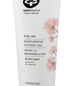 A close-up photo of the Green People Moisturising Shower Gel tube in a simple, elegant style with pink flowers.