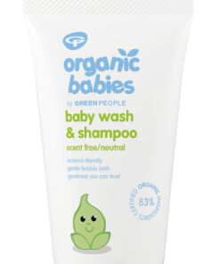 A product photo of a single tube of Green People Organic Babies Baby Wash &amp; Shampoo. The squeeze tube is white with a friendly green leaf character and text that highlights its scent-free, eczema-friendly formula with 83% certified organic ingredients.
