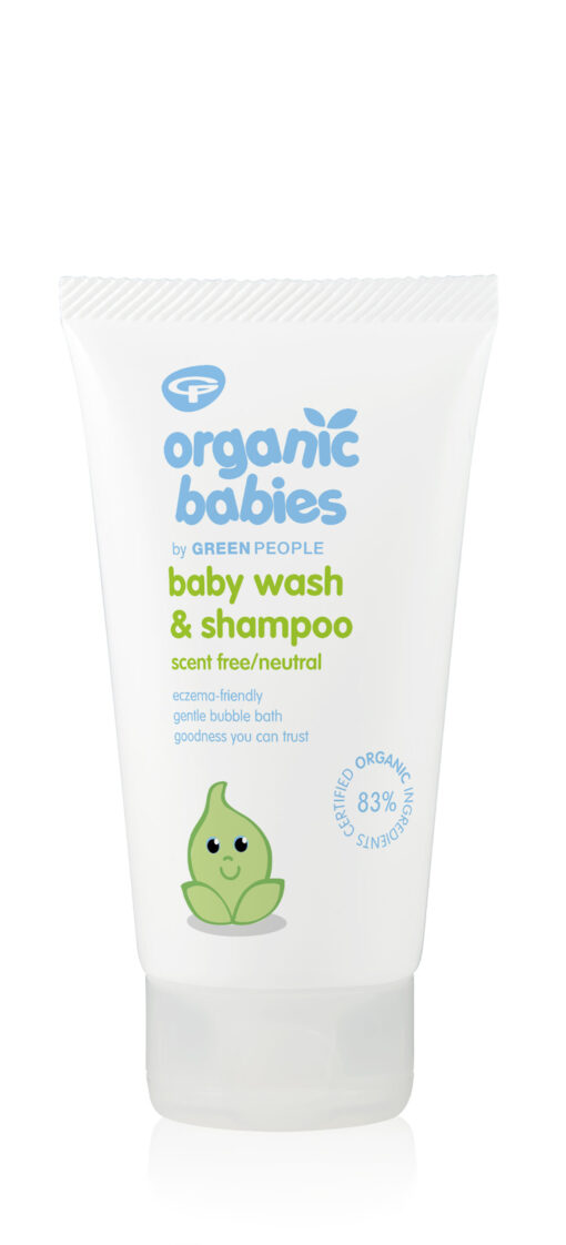 A product photo of a single tube of Green People Organic Babies Baby Wash & Shampoo. The squeeze tube is white with a friendly green leaf character and text that highlights its scent-free, eczema-friendly formula with 83% certified organic ingredients.
