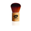 A product photo of a kabuki makeup brush with a short, light wood handle and a dense, rounded head of dark brown bristles. The handle is branded with the Green People logo.